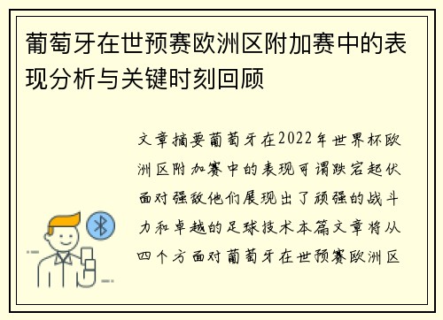 葡萄牙在世预赛欧洲区附加赛中的表现分析与关键时刻回顾