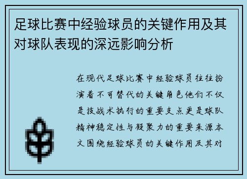 足球比赛中经验球员的关键作用及其对球队表现的深远影响分析