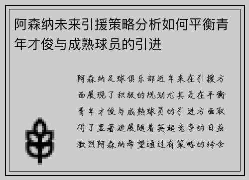 阿森纳未来引援策略分析如何平衡青年才俊与成熟球员的引进