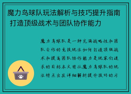 魔力鸟球队玩法解析与技巧提升指南 打造顶级战术与团队协作能力