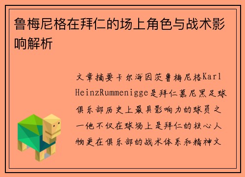 鲁梅尼格在拜仁的场上角色与战术影响解析